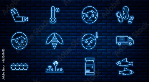 Set line Fish, Emergency car, Man with excessive sweating, Bee, Face psoriasis or eczema, Inhaler, High human body temperature and Medical digital thermometer icon. Vector