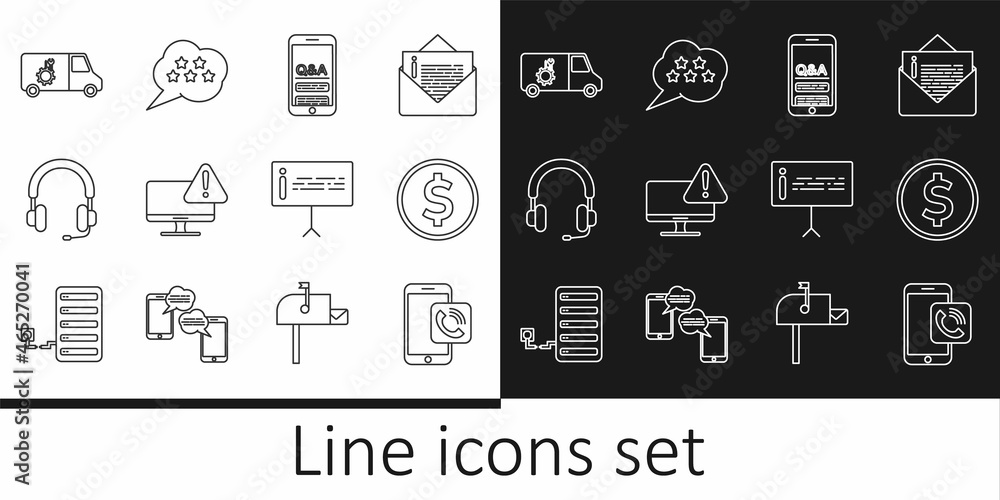 Set line Mobile phone call, Coin money with dollar, Question and Exclamation, Monitor exclamation mark, Headphones, Car service, Information and Five stars rating review icon. Vector