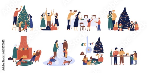Bundle of people preparing for and celebrating winter holidays. Men, women and children decorating Christmas tree, serving festive table, sitting beside fireplace. Flat cartoon vector illustration.