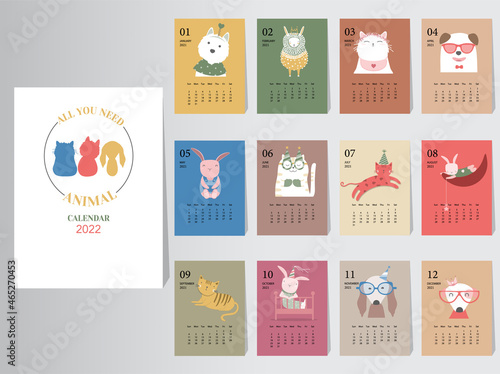 Cute animal calendar 2022 design,The year of the animals monthly cards templates,Set of 12 month,Monthly kids,cool,Vector illustrations.