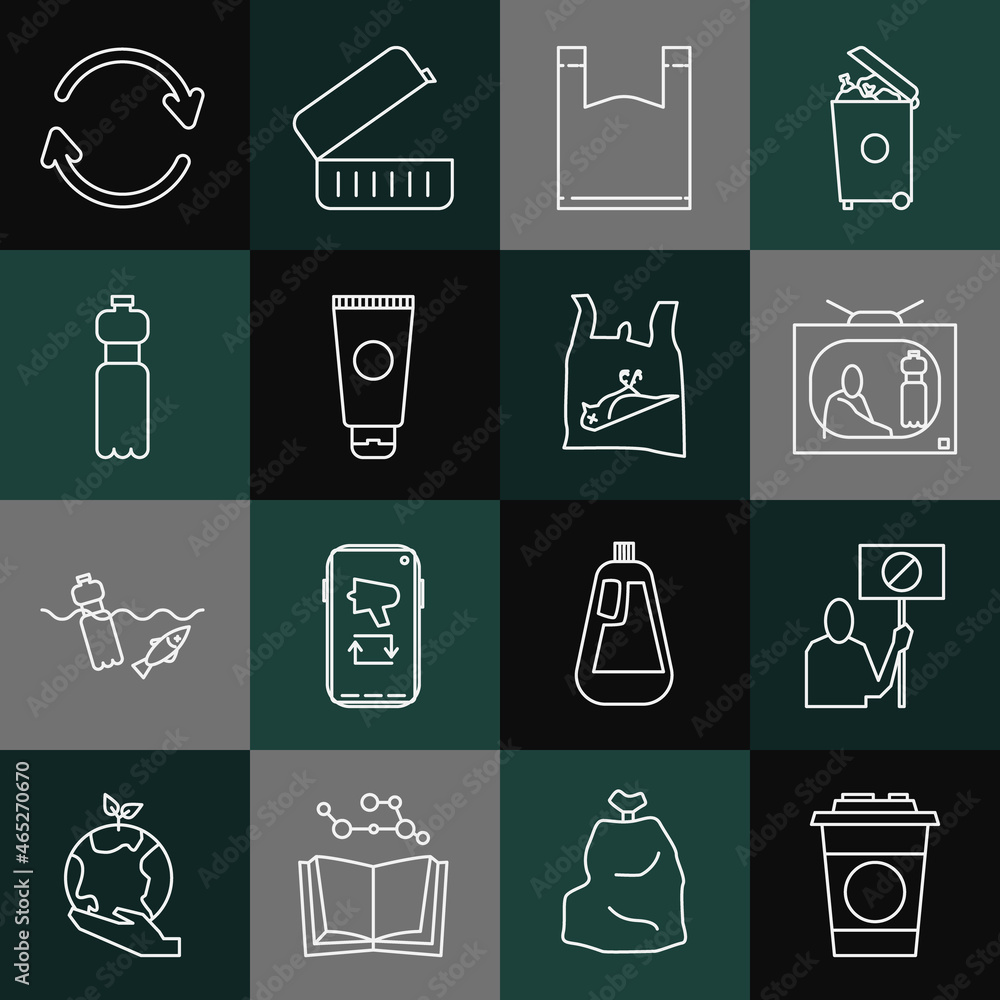 Set line Paper glass, Nature saving protest, Stop plastic pollution, Plastic bag, Cream cosmetic tube, Bottle of water, Refresh and Dead bird, icon. Vector Set line Paper glass, Nature saving protest, Stop plastic pollution, Plastic bag, Cream cosmetic tube, Bottle of water, Refresh and Dead bird, icon. Vector