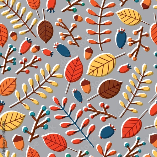 Modern seamless pattern with fallen leaves, tree branches, sprigs, twigs, aco...