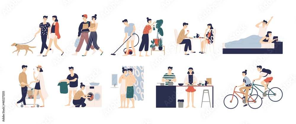 Collection of daily life or everyday routine scenes of young romantic couple. Pair of boy and girl walking dog, cleaning up house, cooking food, washing clothes, buying food. Flat vector illustration.