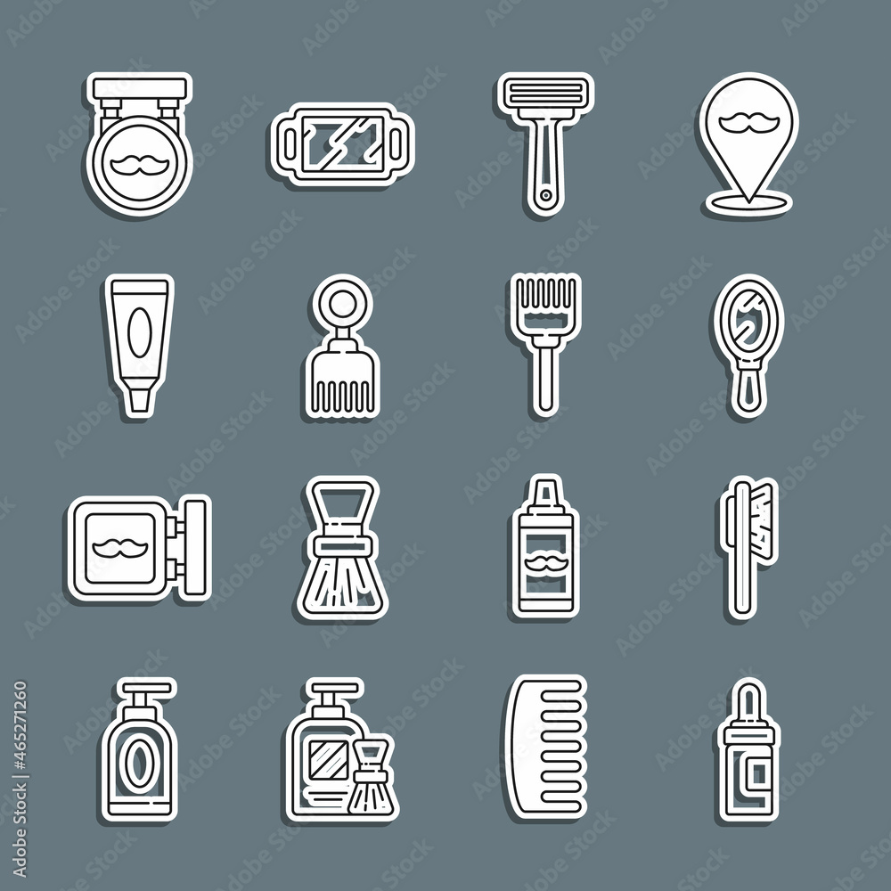 Set line Beard and mustaches care oil bottle, Hairbrush, Hand mirror, Shaving razor, Cream lotion cosmetic tube, Barbershop and icon. Vector Set line Beard and mustaches care oil bottle, Hairbrush, Hand mirror, Shaving razor, Cream lotion cosmetic tube, Barbershop and icon. Vector