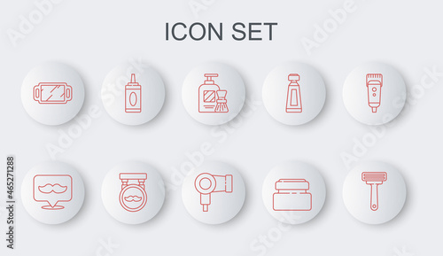 Set line Shaving razor, Barbershop, gel foam and brush, Cream lotion cosmetic tube, Hand mirror, Bottle of shampoo, and Hair dryer icon. Vector