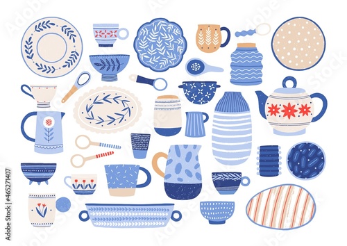 Collection of modern ceramic kitchen utensils or crockery - cups, dishes, bowls, pitchers. Set of decorative tableware items isolated on white background. Vector illustration in flat cartoon style