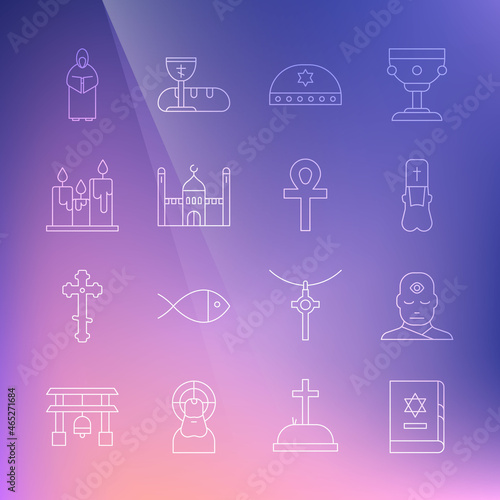 Set line Jewish torah book, Man with third eye, Priest, kippah star of david, Muslim Mosque, Burning candles, Monk and Cross ankh icon. Vector