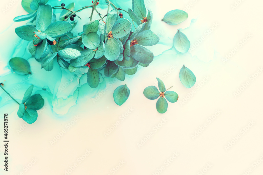 Obraz premium Creative image of emerald and green Hydrangea flowers on artistic ink background. Top view with copy space
