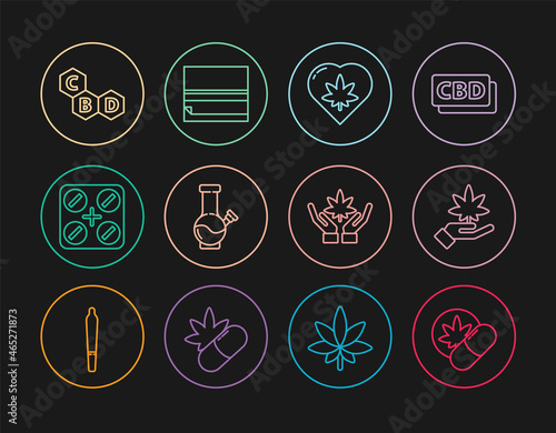 Set line Herbal ecstasy tablets, Marijuana or cannabis leaf, in heart, Glass bong for smoking marijuana, Medical pills with, Cannabis molecule, and Rolling paper icon. Vector
