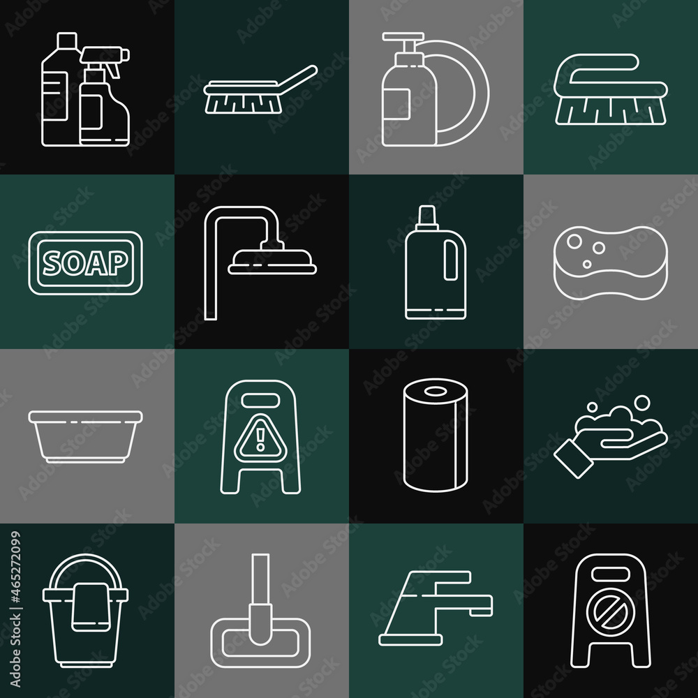 Set line Wet floor and cleaning in progress, Washing hands with soap, Sponge, Dishwashing liquid bottle plate, Shower head, Bar of, Bottles for agent and Fabric softener icon. Vector Set line Wet floor and cleaning in progress, Washing hands with soap, Sponge, Dishwashing liquid bottle plate, Shower head, Bar of, Bottles for agent and Fabric softener icon. Vector