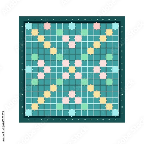 Erudite square board design with grid of blank colorful cells. Popular intellectual tabletop word game for improving vocabulary, verbal or mental skills. Modern vector illustration