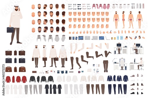 Modern Arab businessman constructor or DIY kit. Collection of male office worker body parts, facial expressions, traditional clothing isolated on white background. Cartoon vector illustration.