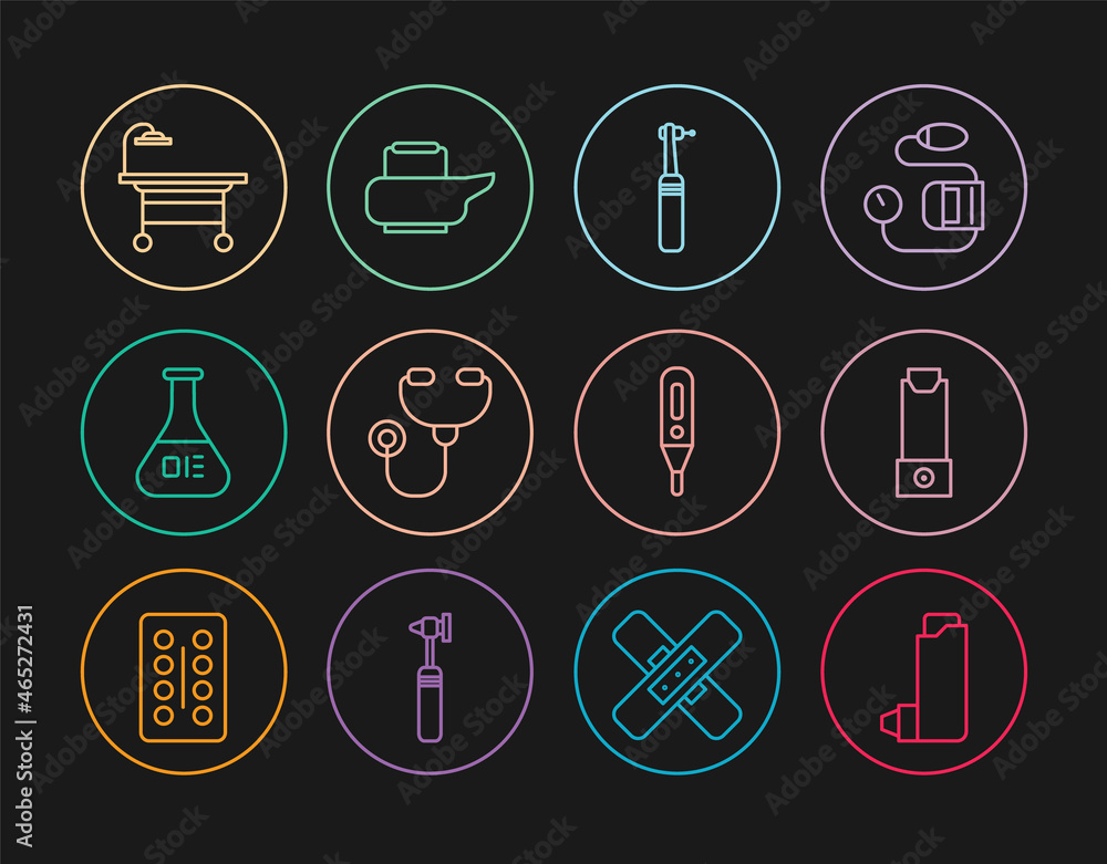 Set line Inhaler, Tooth drill, Stethoscope, Test tube and flask, Operating table, Medical digital thermometer and Bedpan icon. Vector Set line Inhaler, Tooth drill, Stethoscope, Test tube and flask, Operating table, Medical digital thermometer and Bedpan icon. Vector