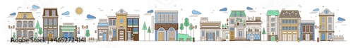 Horizontal urban landscape with city or town street or neighborhood. Cityscape with residential houses, stores and coffeeshops on white background. Colorful vector illustration in line art style.