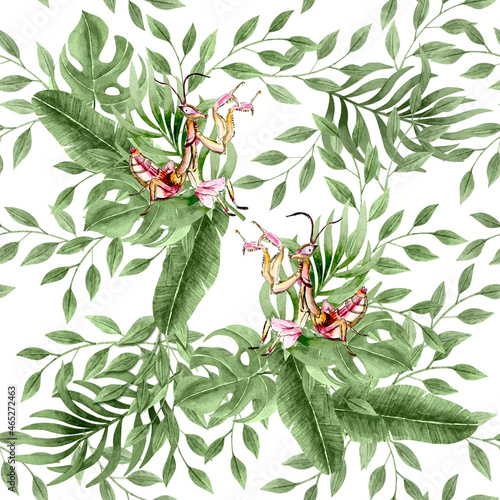 seamless tropical pattern with praying mantises in green leaves and branches for fabrics, backgrounds, cards and more