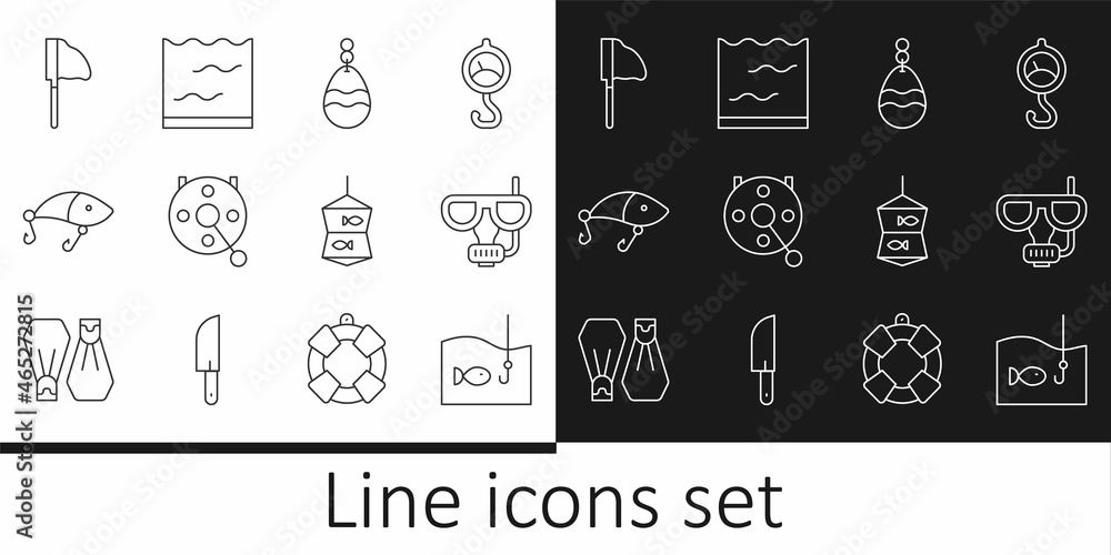 Set line Fishing hook with fish, Diving mask and snorkel, spoon, Spinning reel for fishing, lure, net, and Aquarium icon. Vector