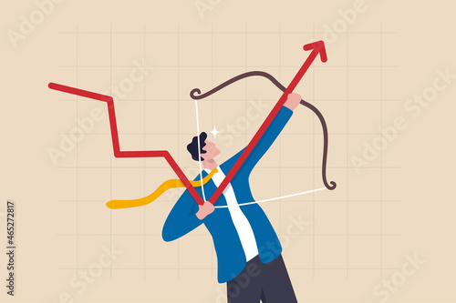 Economic recovery, change to rising up profit or growth, success improve business revenue or increase investment earnings concept, smart businessman turn down trend graph to be rising up with his bow.