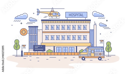 Hospital, rehabilitation center or emergency department building with helicopter landing on top of it and ambulance. Medical institution providing first aid. Vector illustration in line art style.