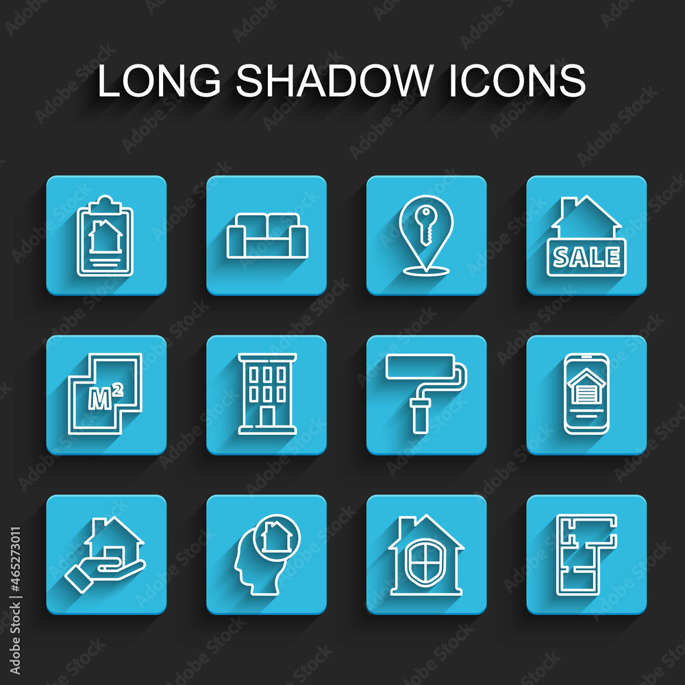 Set line Realtor, Man dreaming about buying house, House contract, under protection, plan, Online real estate and Paint roller brush icon. Vector Set line Realtor, Man dreaming about buying house, House contract, under protection, plan, Online real estate and Paint roller brush icon. Vector