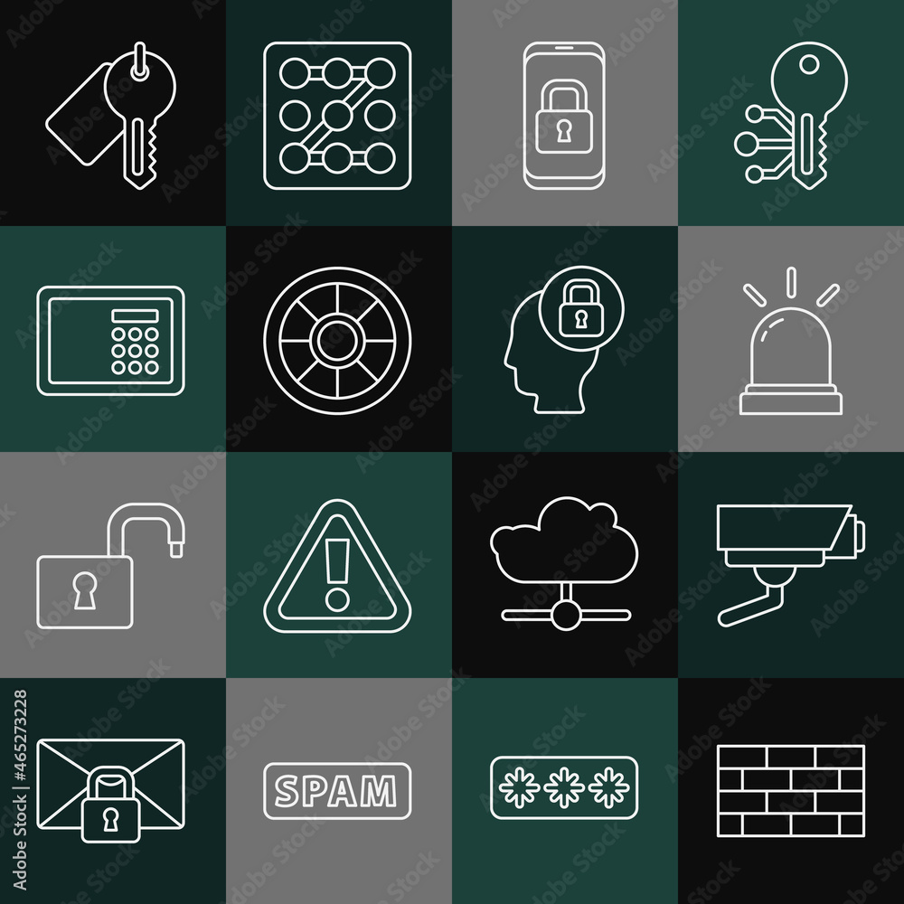Set line Firewall, security wall, Security camera, Motion sensor, Mobile with closed padlock, Safe, Marked key and Human head icon. Vector Set line Firewall, security wall, Security camera, Motion sensor, Mobile with closed padlock, Safe, Marked key and Human head icon. Vector