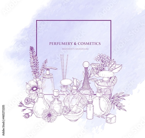 Square frame decorated with perfume or fragrant water in glass bottles and blooming flowers drawn with purple contour lines on white background. Monochrome vector illustration for fragrance promotion