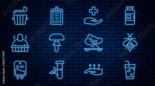 Set line Fresh smoothie, Bee, Cross hospital medical, Mushroom, Sauna and spa procedures, bucket ladle, Scented stick and Clipboard with checklist icon. Vector
