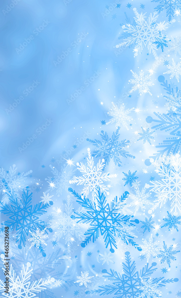 New Year's Christmas background with snowflakes, bokeh.  Blank template for a Christmas card