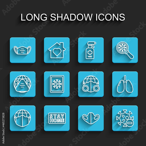 Set line Earth with medical mask, Stay home, Medical protective, Negative virus, Virus statistics on monitor, Lungs and icon. Vector