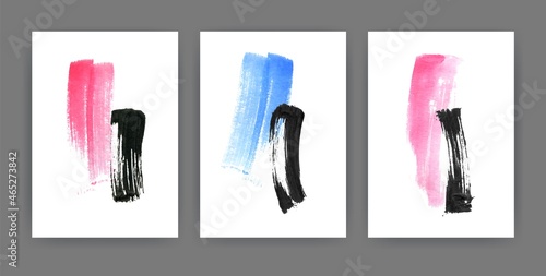 Collection of vertical minimalistic poster or placard templates with blue, black and pink paint traces, daub, scribble or brush strokes on white background. Modern artistic vector illustration