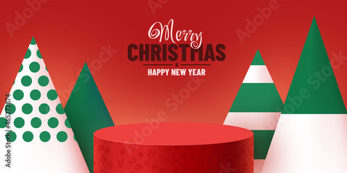 Mock up scene. Podium for cosmetic and product display. Stage pedestal or platform. Winter Christmas red background with xmas tree.
