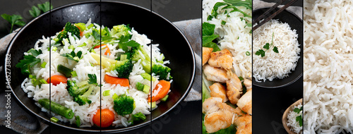 Collage made of different type of rice with meat and vegetables.