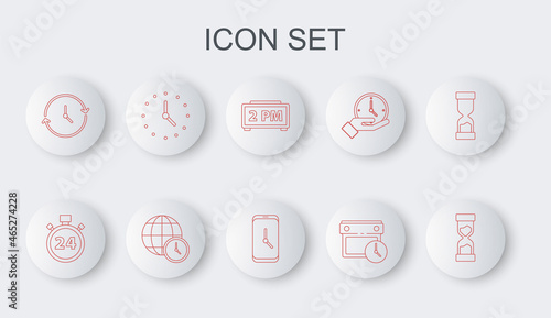 Set line Old hourglass, Stopwatch 24 hours, Digital alarm clock, Calendar and, Clock, World time and Alarm app mobile icon. Vector