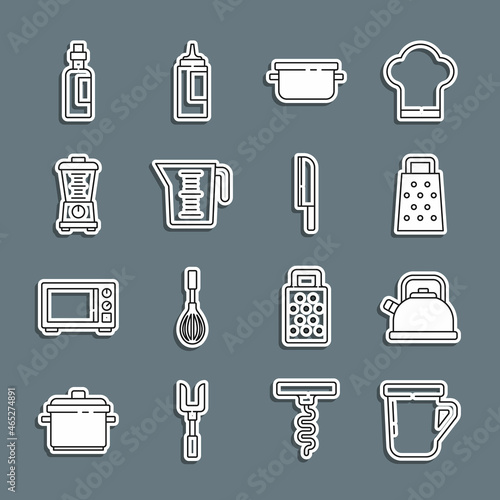 Set line Coffee cup, Kettle with handle, Grater, Cooking pot, Measuring, Blender, Bottle olive oil and Knife icon. Vector
