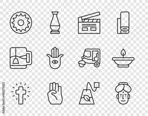 Set line Christian cross, Indian man, Bollywood indian cinema, symbol hand, Chakra, Hamsa, Tea bag and Aroma lamp icon. Vector