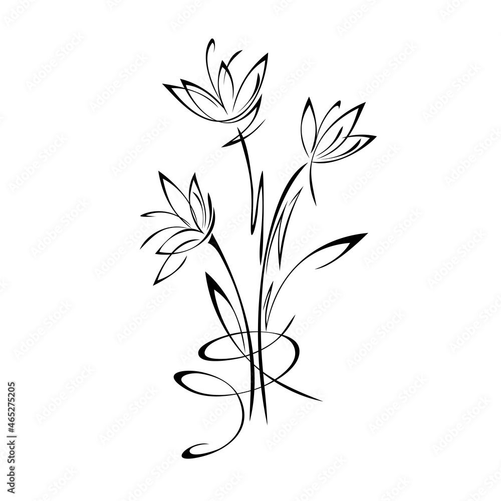 ornament 2030. stylized bouquet of twigs with flowers and curls in black lines on a white background