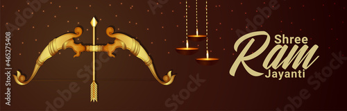 Happy ram navami celebration banner with lord rama bow and arrow