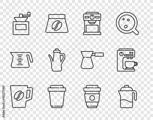 Set line Coffee cup, French press, machine, to go, Manual coffee grinder, Teapot, and icon. Vector