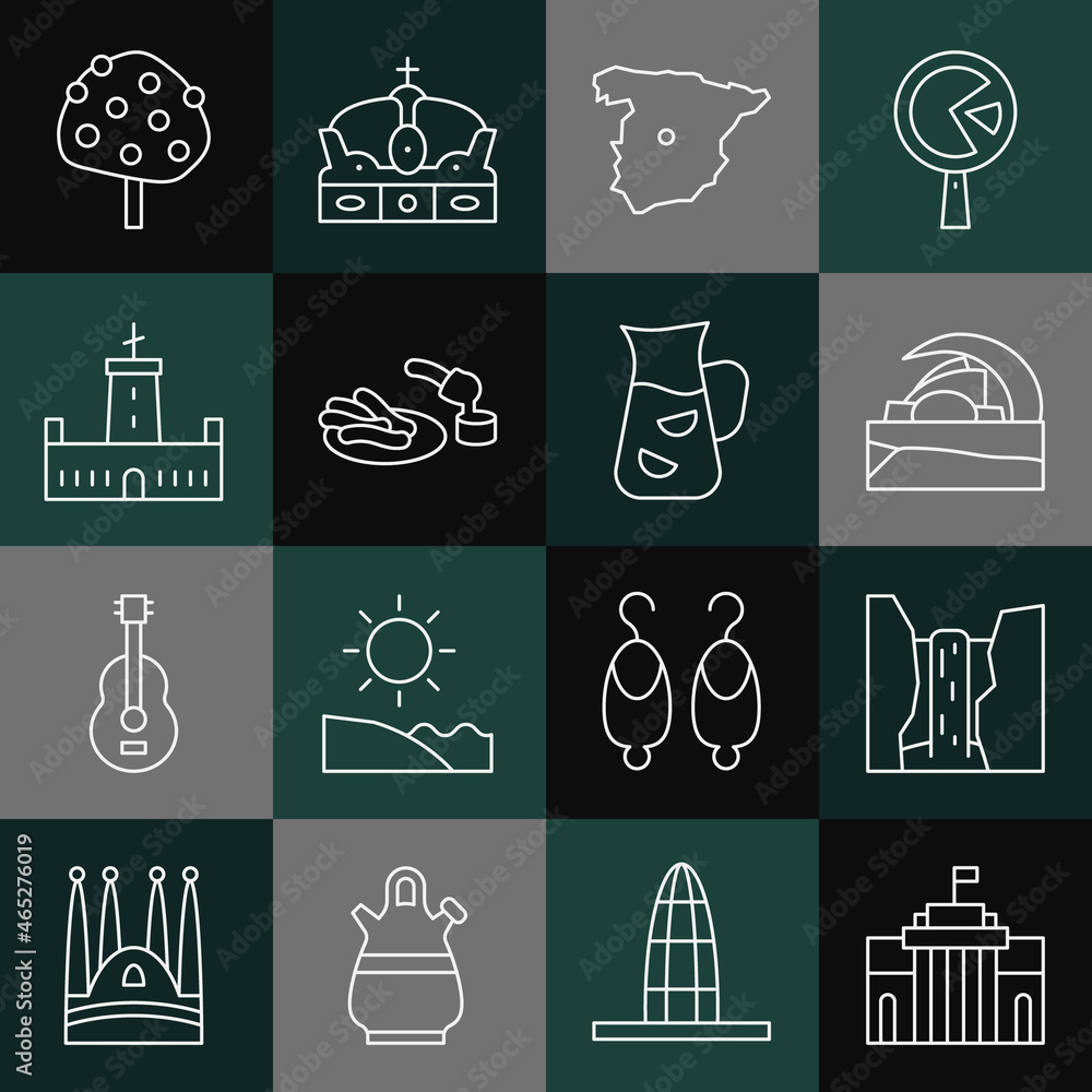 Set line Prado museum, Algar waterfall, Concert hall de Tenerife, Map of Spain, Churros and chocolate, Montjuic castle, Orange tree and Sangria icon. Vector Set line Prado museum, Algar waterfall, Concert hall de Tenerife, Map of Spain, Churros and chocolate, Montjuic castle, Orange tree and Sangria icon. Vector