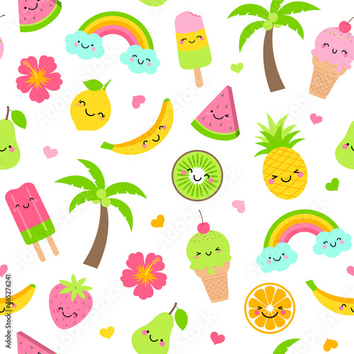 Cute fruits and desserts cartoon seamless pattern background.