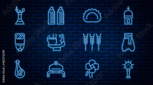 Set line Mace, Cossack pants, Dumplings, Monument to founders of Kiev, Ukrainian cossack, Mother Motherland monument, Wheat and Two towers Dnipro icon. Vector
