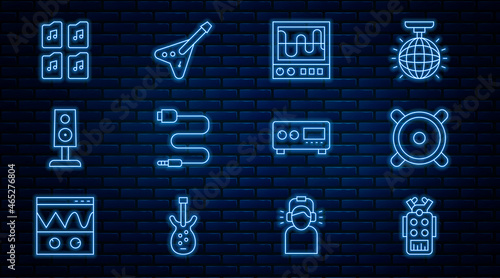 Set line Microphone, Stereo speaker, Oscilloscope, Audio jack, Music file document, Guitar amplifier and Electric bass guitar icon. Vector