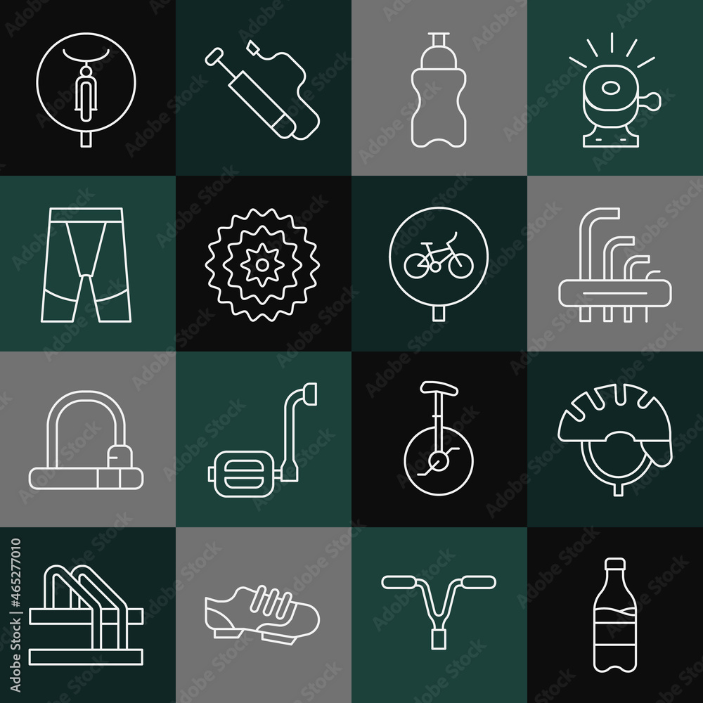 Set line Sport bottle with water, Bicycle helmet, Tool allen keys, cassette, Cycling shorts, and icon. Vector Set line Sport bottle with water, Bicycle helmet, Tool allen keys, cassette, Cycling shorts, and icon. Vector