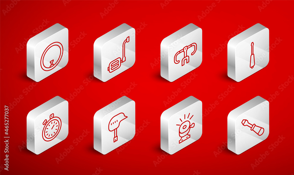 Set line Screwdriver, Bicycle pedal, handlebar, bell, wheel, helmet and Stopwatch icon. Vector Set line Screwdriver, Bicycle pedal, handlebar, bell, wheel, helmet and Stopwatch icon. Vector