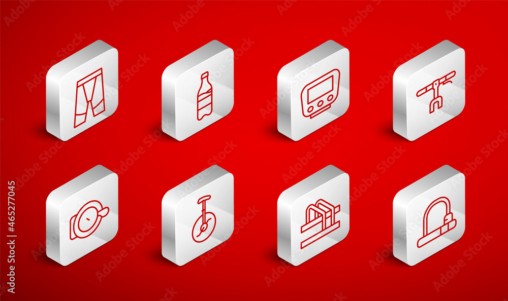 Set line Bicycle lock, Sport bottle with water, speedometer, handlebar, parking, Cycling shorts, Unicycle one wheel bicycle and bell icon. Vector Set line Bicycle lock, Sport bottle with water, speedometer, handlebar, parking, Cycling shorts, Unicycle one wheel bicycle and bell icon. Vector