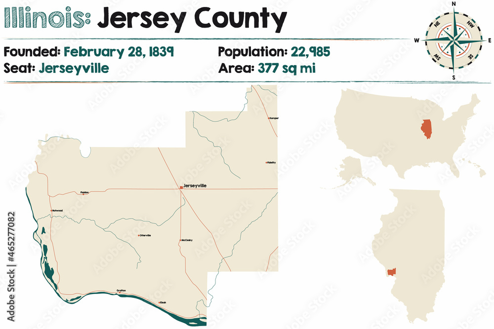 Obraz premium Map on an old playing card of Jersey county in Illinois, USA.
