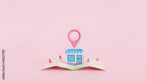 3D minimal shop with a map pin and Map pins, GPS, navigator pin checking points. The concept for delivery service. 3D render illustration © Thanapipat