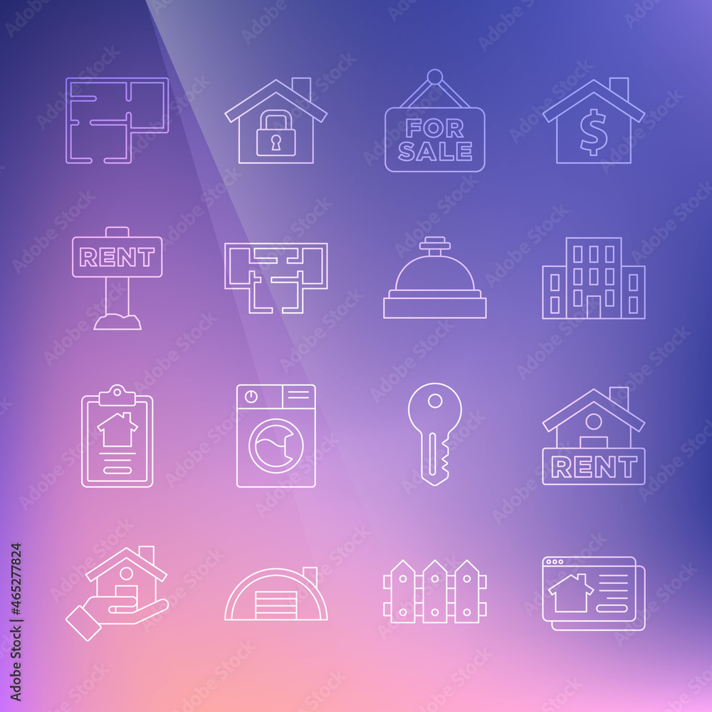 Set line Online real estate house, Hanging sign with Rent, House, For Sale, plan, and Hotel service bell icon. Vector Set line Online real estate house, Hanging sign with Rent, House, For Sale, plan, and Hotel service bell icon. Vector