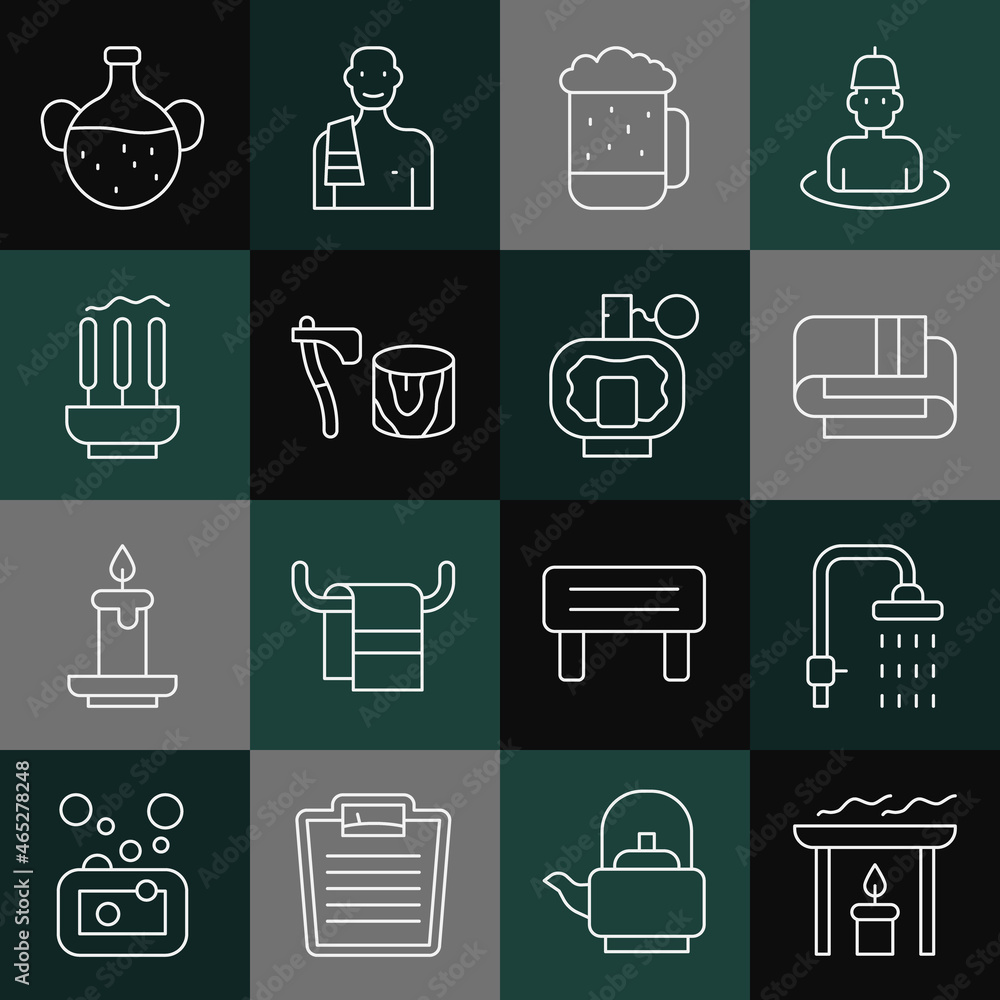 Set line Aroma candle, Shower, Towel stack, Wooden beer mug, axe in stump, Incense sticks, Essential oil bottle and Aftershave icon. Vector Set line Aroma candle, Shower, Towel stack, Wooden beer mug, axe in stump, Incense sticks, Essential oil bottle and Aftershave icon. Vector