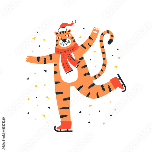 Cute Hand drawing tiger in Santa hat on skates. Year of the Tiger. Chinese zodiac. Perfect for t-shirt, apparel, cards, poster. Isolated on white background vector illustration