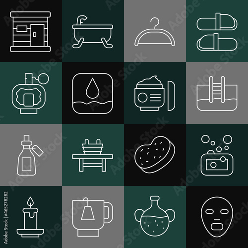 Set line Facial cosmetic mask, Bar of soap, Swimming pool with ladder, Hanger wardrobe, Water drop, Aftershave, Sauna wooden bathhouse and Cream or lotion tube icon. Vector